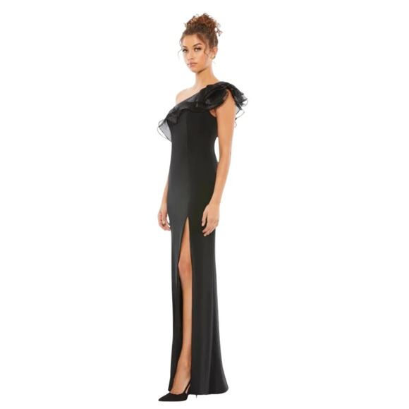 Mac Duggal One Shoulder 80s Retro Glam Ruffle Trim High Slit Black Gown 6 NWT - Picture 4 of 9